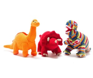 red knitted triceratops rattle baby dinosaur toy